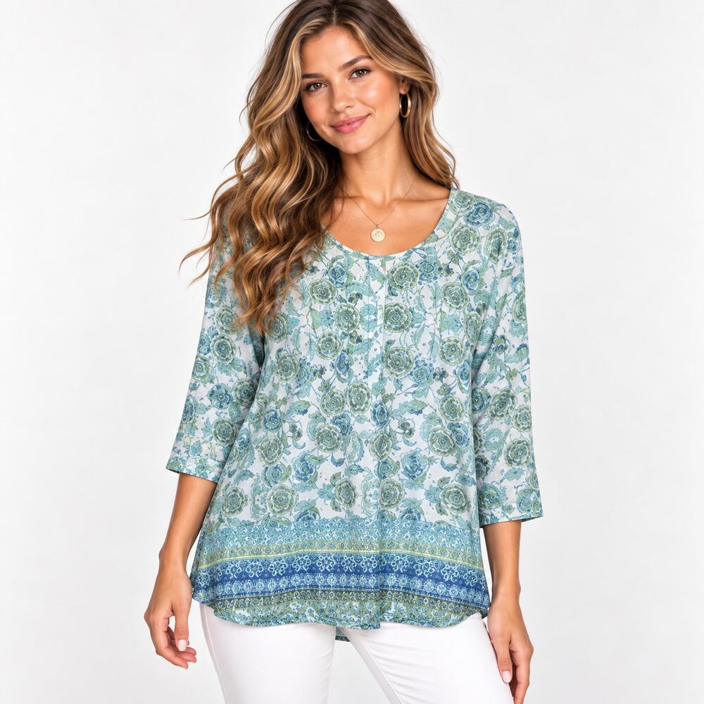 BonWorth Knit Top Women's Size XL Blue Green Floral Embellished Cottage Casual